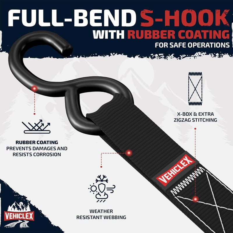 Vehiclex Ratchet Tie Down Straps (1,800 lbs Break Strength) - 15 Ft Versatile Straps for Powersports, Garage, and Outdoor Use - Soft Loops, Deep S-Hooks & Comfort Grip Handle (4 Pack, Black) - Image 3